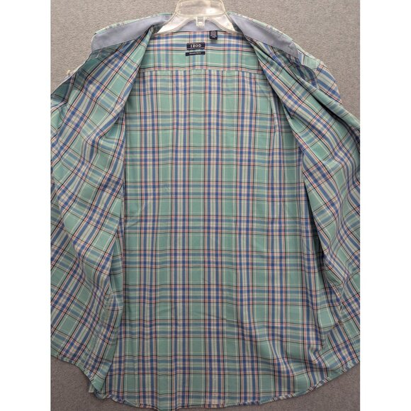 IZOD Shirt Mens 2XL Green Blue Plaid Short Sleeve Button Down Non-Iron Stretch - Picture 7 of 10